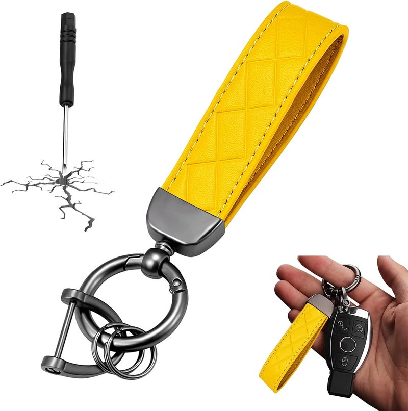 STACCTE Store Car Keys Keychain, Leather Key Chain, Universal Decorative Car Key Holder, Anti-lost D-ring, 360 Degree Rotatable Key Fob Keychain, Keychain for Men and Women(Yellow) - Image 1